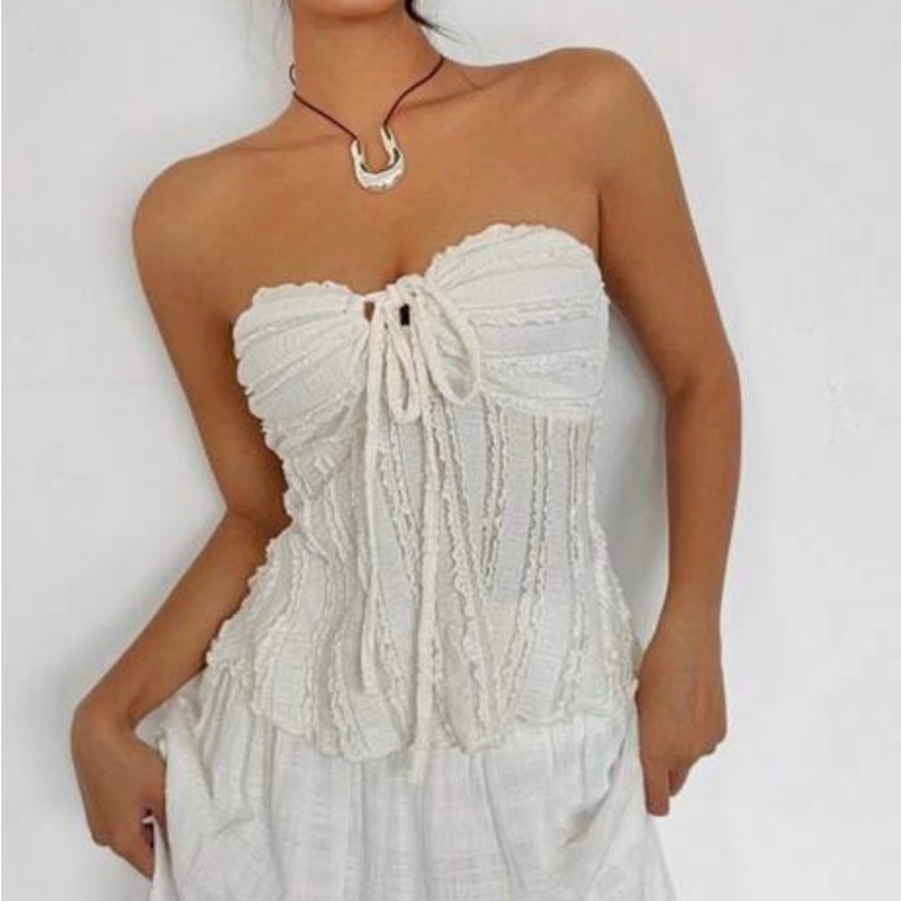 White Strapless Ruffle Top